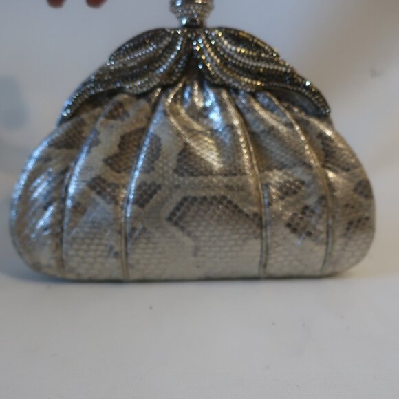 Womens Finesse La Model Silver Gray Cream Python Leather Clutch Handbag - Picture 3 of 14